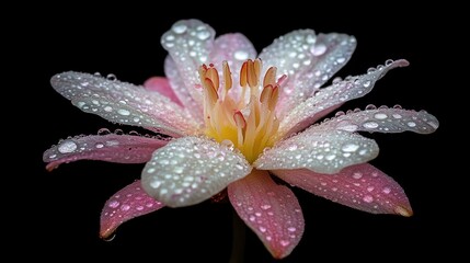 Fototapeta premium Pink flower with water droplets on petals against a black background.