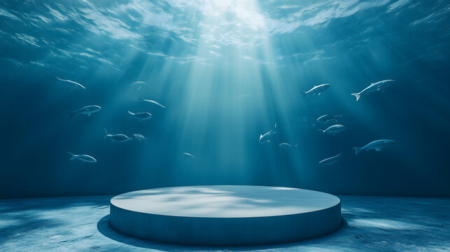 Podium in the center in underwater scene, underocean, There are corals and schools of fish.