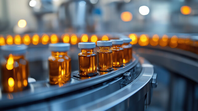 Pharmaceutical production line with amber vials conveying under soft industrial lights