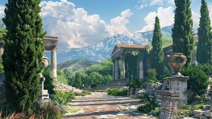 Stunning close up of ancient greek architecture surrounded by lush vegetation, showcasing heritage