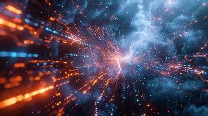 Fototapeta premium This photo depicts a striking abstract image of a blue and black background illuminated by multiple lightning strikes