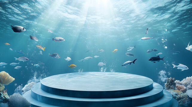 Podium in the center in underwater scene, underocean