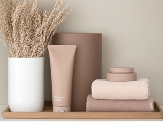Cosmetic essentials in Pantone Mocha Mousse PMS 17-1230 tones, minimalist and elegant.