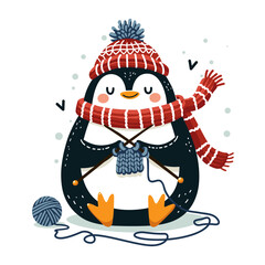 Cute penguin in a knitted hat and scarf knits.