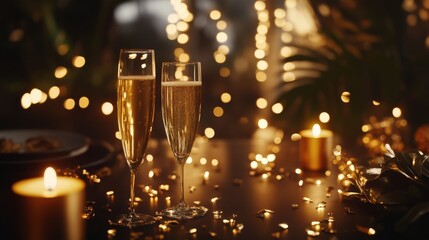 Two elegant champagne flutes sit on a decorated table, sparkling amid a sea of glowing lights and candles, capturing the essence of a joyful celebration in style.