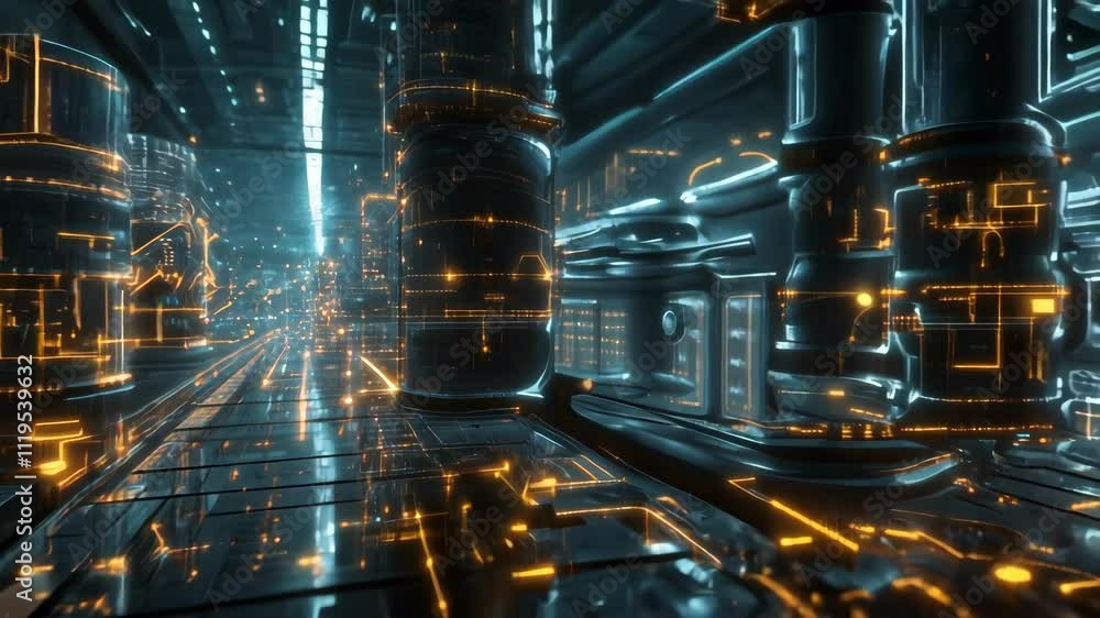 Poster camera moving forward through a futuristic corridor with glowing lines and reflective surfaces. the 