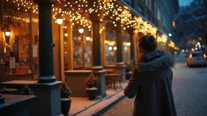 Obraz premium Evening Stroll Along a Charming Street Decorated With Warm Festive Lights in a Snowy Winter Setting