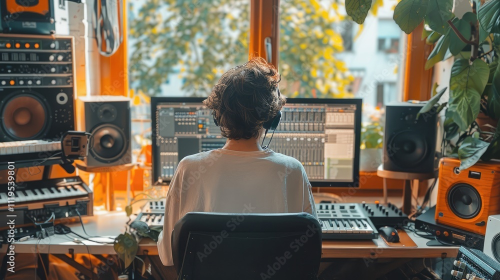 Poster a young musician sits at a desk in a cozy room, working on a computer with music production software