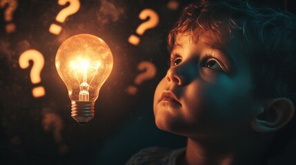 Curious child looking at glowing lightbulb with question marks. (1)