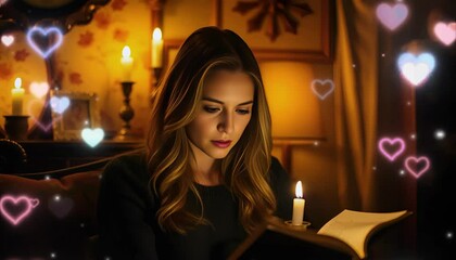 Thoughtful woman reading a book by candlelight surrounded by glowing hearts