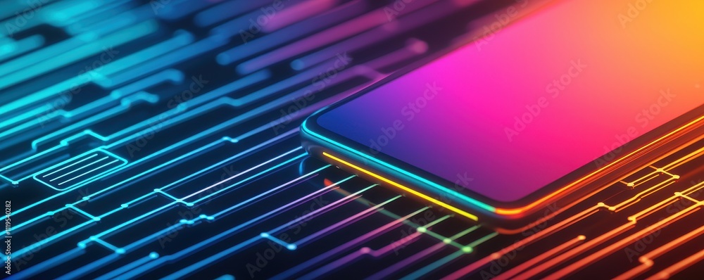 Poster a vibrant smartphone rests on a circuit-like background, showcasing a blend of colors that highlight