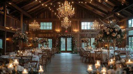 Rustic barn wedding reception venue with elegant floral arrangements, chandeliers, and candlelight.