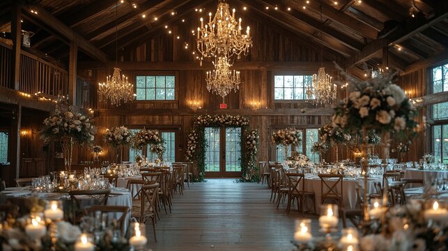 Rustic barn wedding reception venue with elegant floral arrangements, chandeliers, and candlelight.