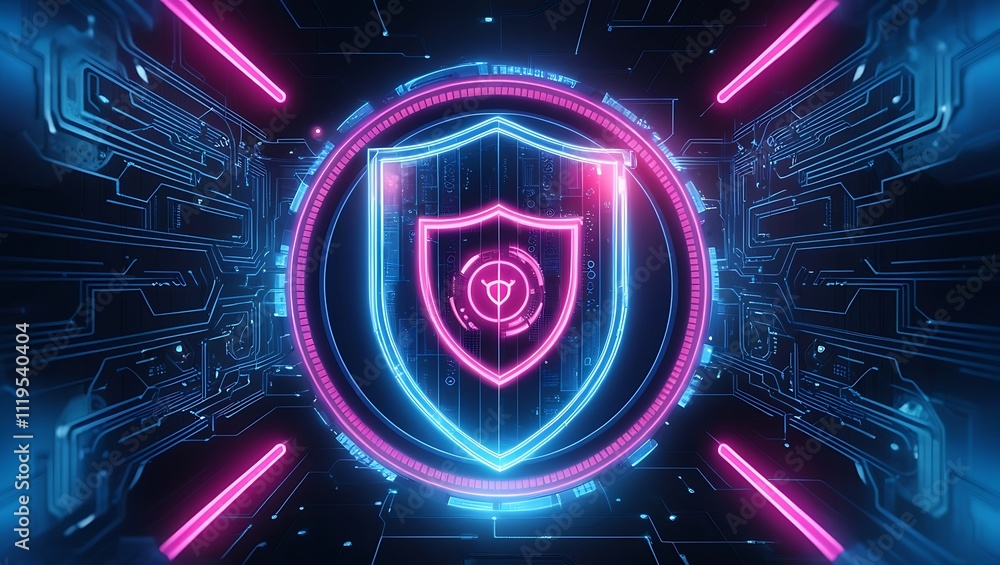 Poster glowing shield in a cyberpunk circuit board background