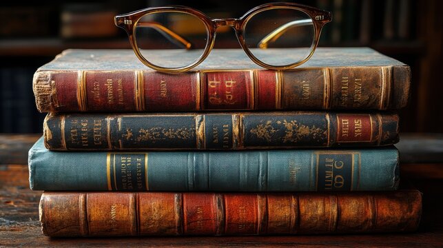 Antique Books Stack with Glasses.