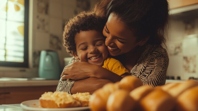 A cheerful Brazilian family enjoys a warm breakfast together, sharing smiles and hugs. The loving atmosphere highlights their bond, making each moment special and memorable