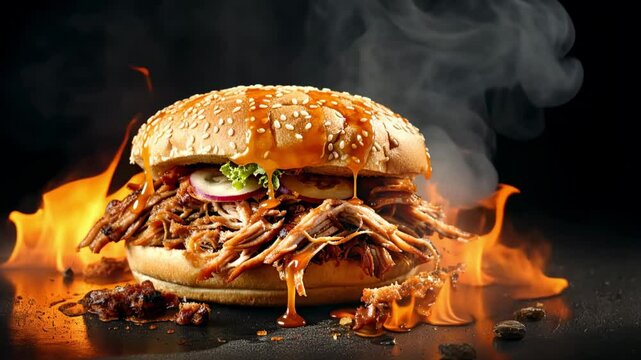 A delicious pulled pork burger dripping with sauce, set against a dark background with flames.