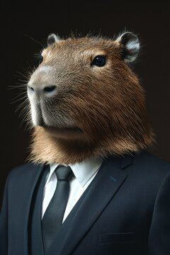 A capybara in corporate attire, showcased in a classic formal setting.