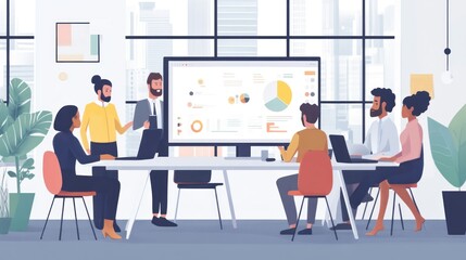 Diverse business team collaborates during a presentation with data visualizations on a large screen in a modern office.
