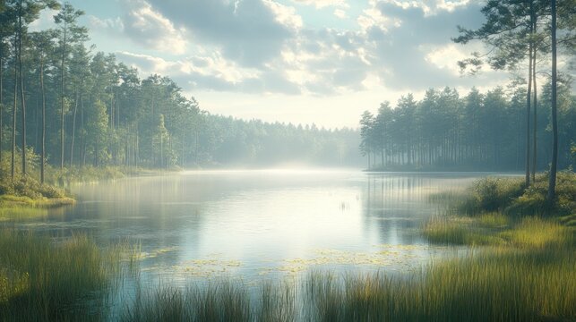 Misty sunrise over serene forest lake.