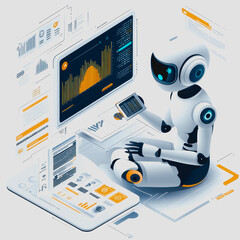 Modern Robot Analyzing Data on Smart Devices with Graphs and Charts in Futuristic Digital Environment for Technology and Innovation Themes