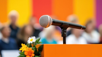Town Hall Meeting Scene With Microphone Concept, Close-Up of a Microphone at a Town Hall Meeting with Colorful Background and Engaged Crowd Behind
