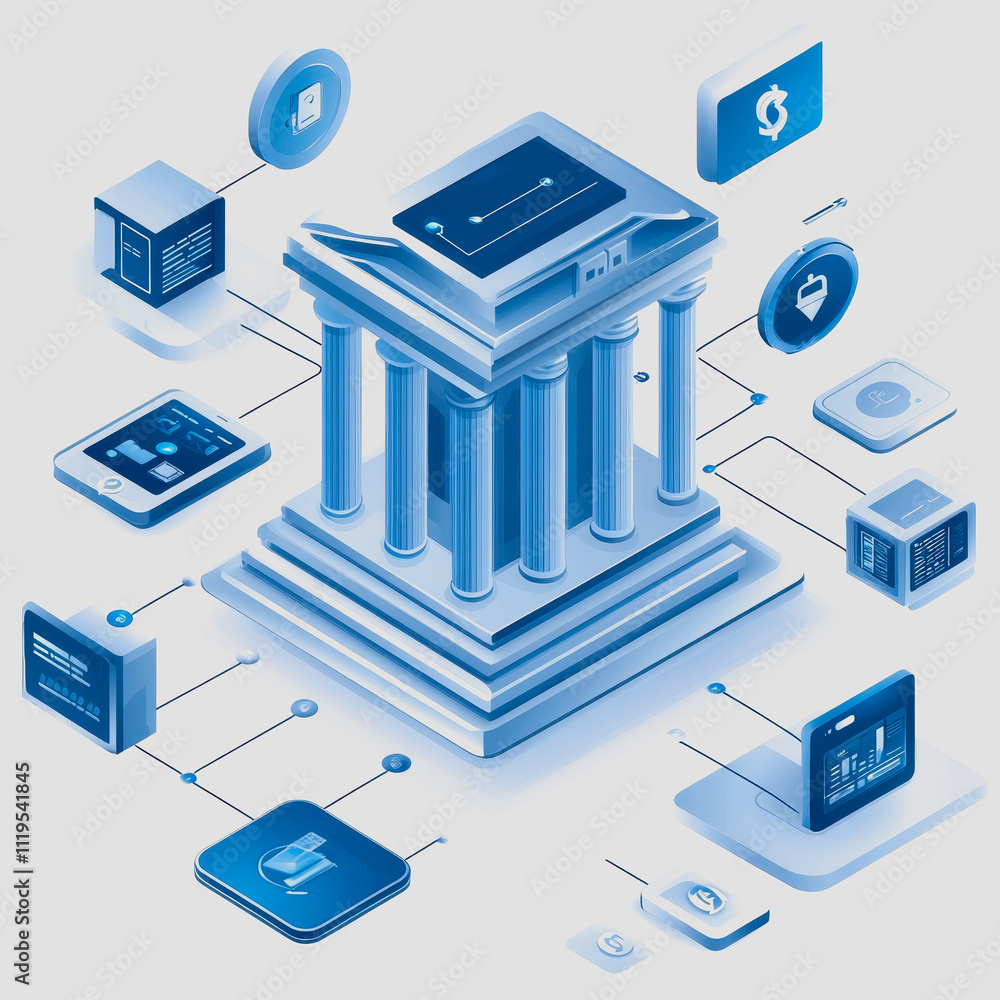 Aufkleber digital banking concept with neoclassical building surrounded by financial icons and data elements r