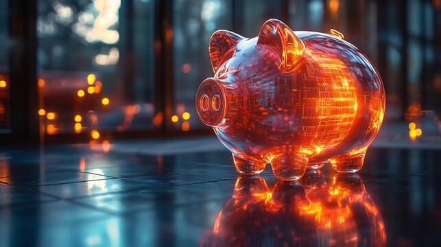 Glowing Digital Piggy Bank Symbolizing Business Capital Accumulation in Modern Office