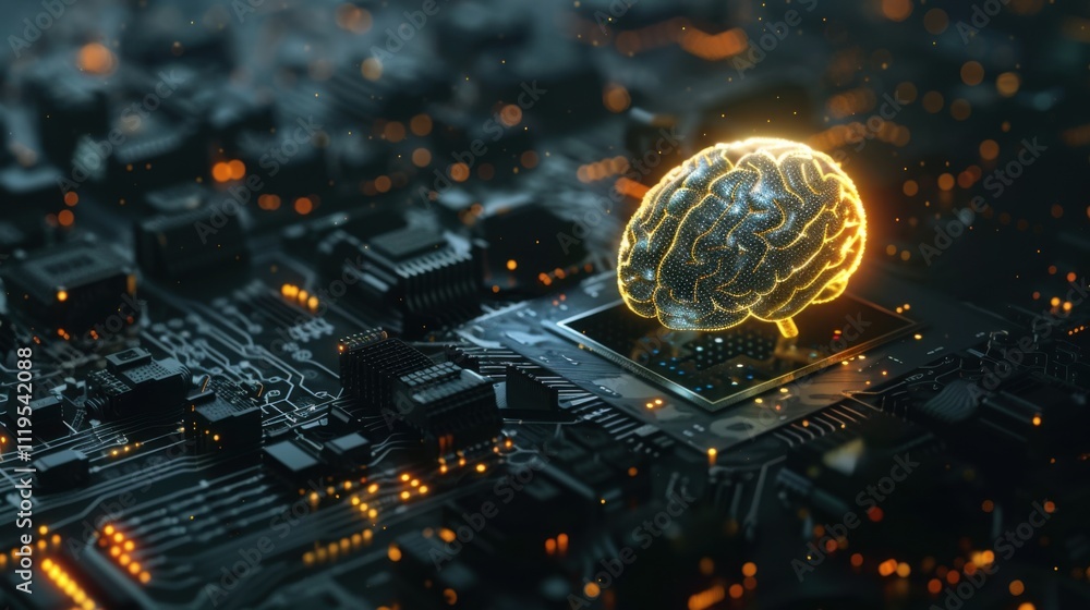 Poster big data and artificial intelligence concept. human brain glowing from processor, symbolizing the fu