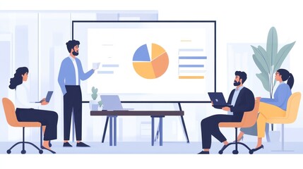 Business presentation with team, charts, and data analysis in modern office.