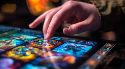 Fototapeta premium Hand hovering over video game character selection screen with vibrant icons of different characters below, emphasizing the decision-making process in gaming.