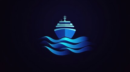 Blue cruise ship icon sailing on dark blue waves.