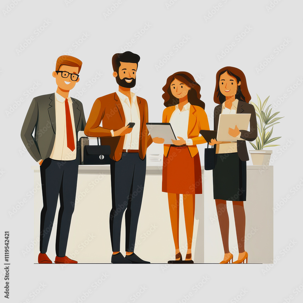 Poster professional group of diverse colleagues collaborating in a modern office environment with technolog