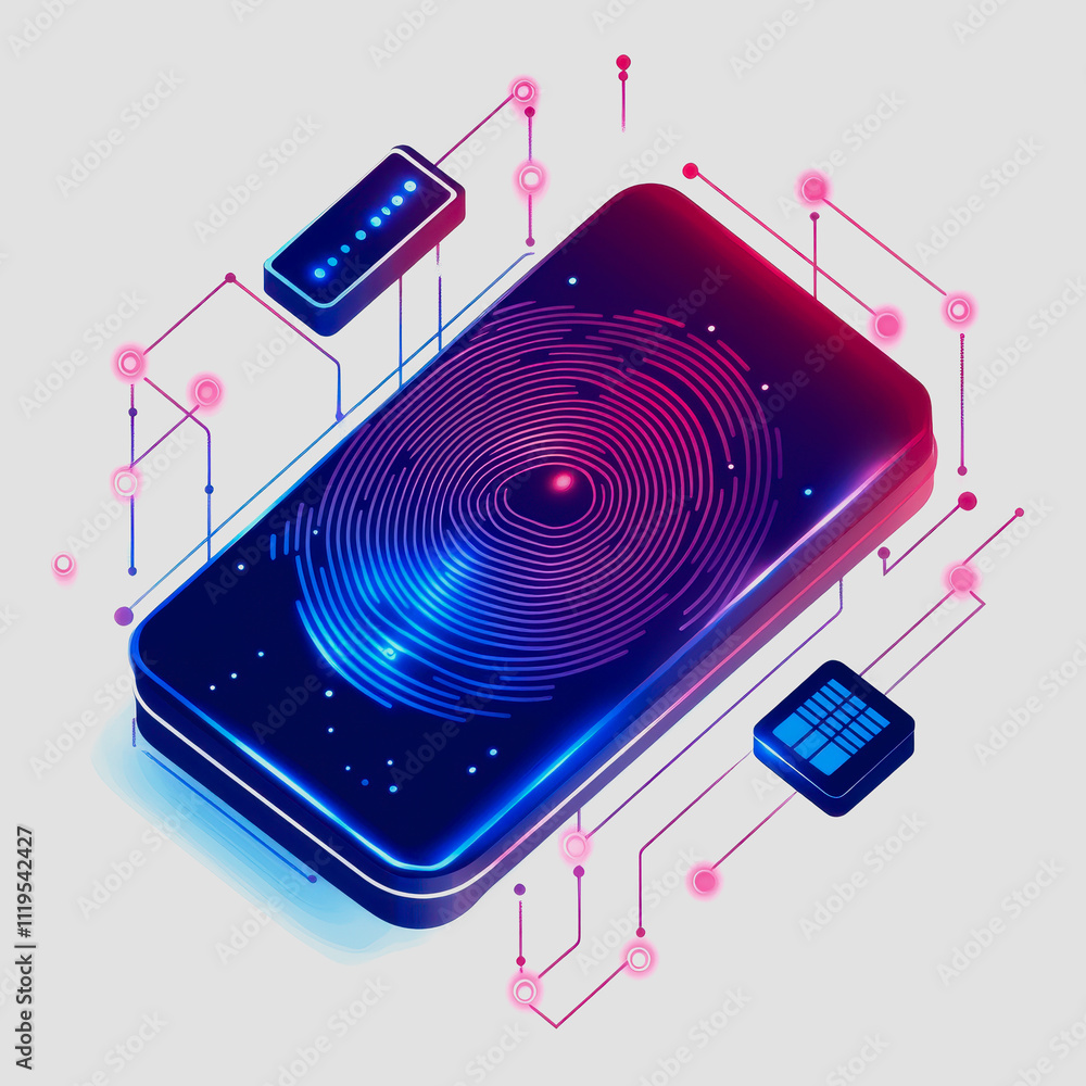 Aufkleber modern smartphone with fingerprint scanner illustration featuring digital elements and glowing circu