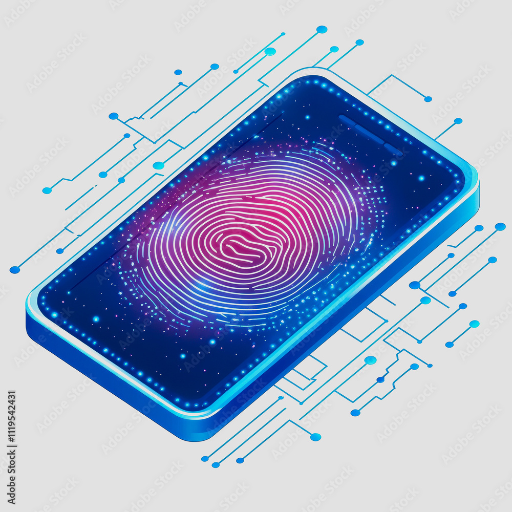Aufkleber digital smartphone with futuristic fingerprint scanner design on a circuit board background, showcas