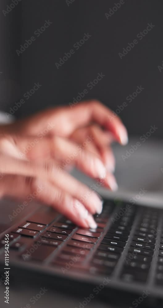Poster hands, business and woman with laptop, typing and internet with connection, keyboard and employee. p