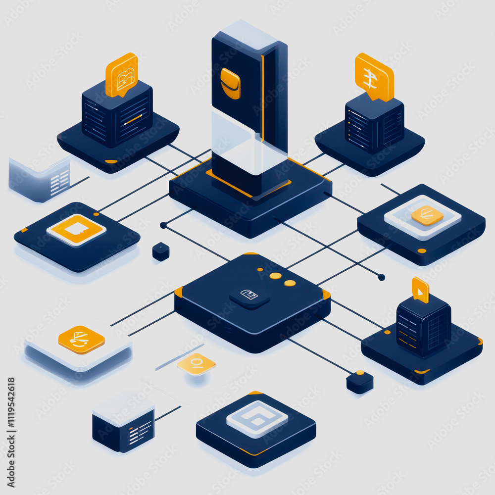 Aufkleber illustrative depiction of a modern digital network with interconnected nodes representing data flow,