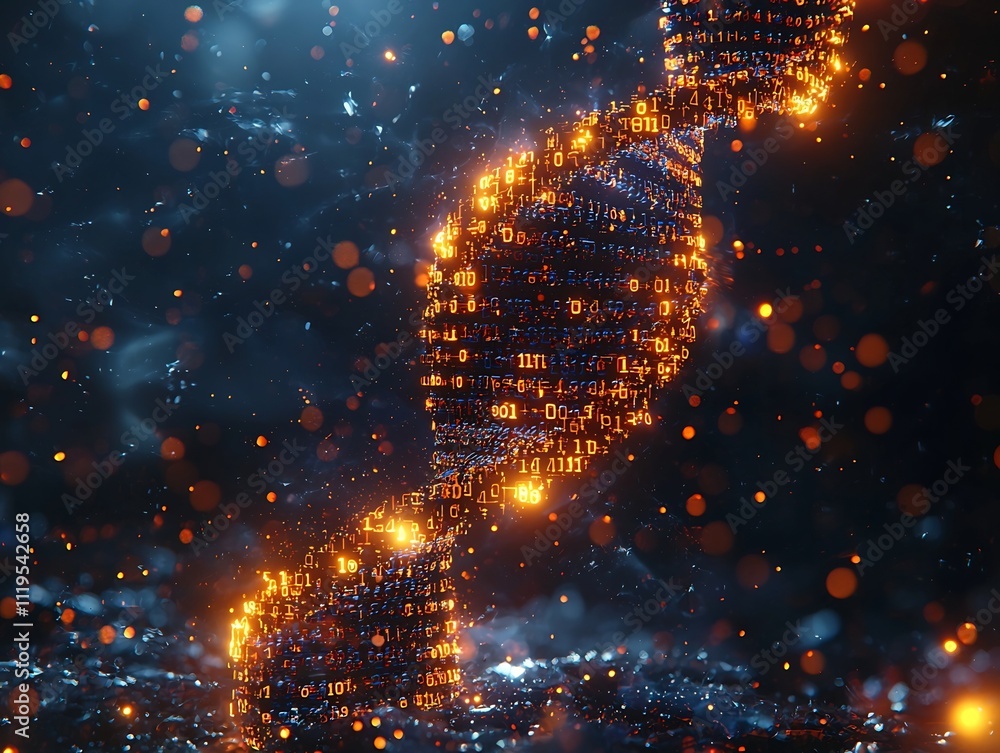 Poster holographic dna helix of binary code floating above digital lab workstation