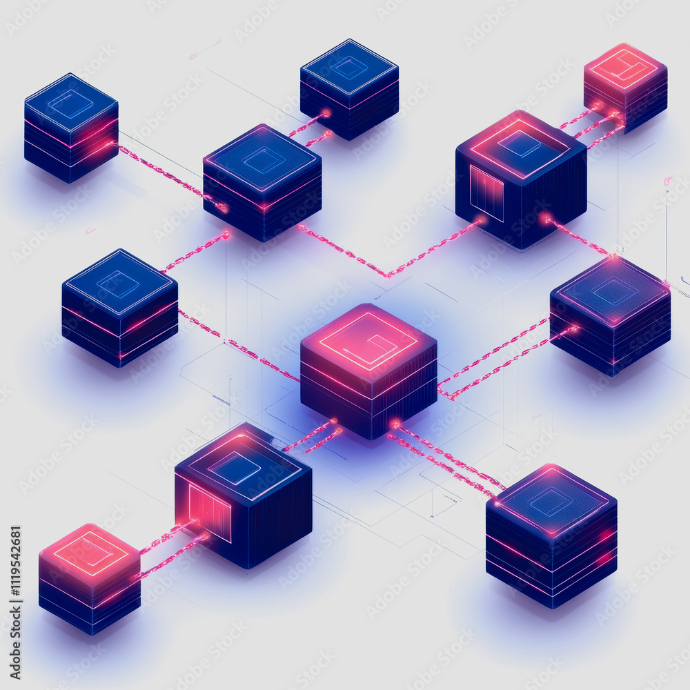 Poster abstract digital network illustration featuring interconnected geometric shapes and glowing effects,