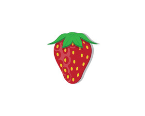 vector design cartoon illustration of a red strawberry with green leaves on top