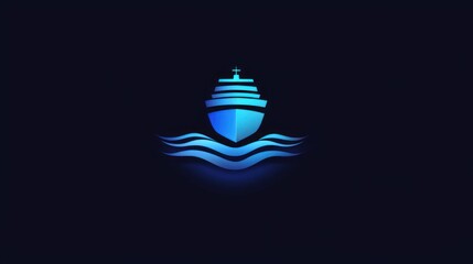Abstract blue cruise ship icon on dark background.