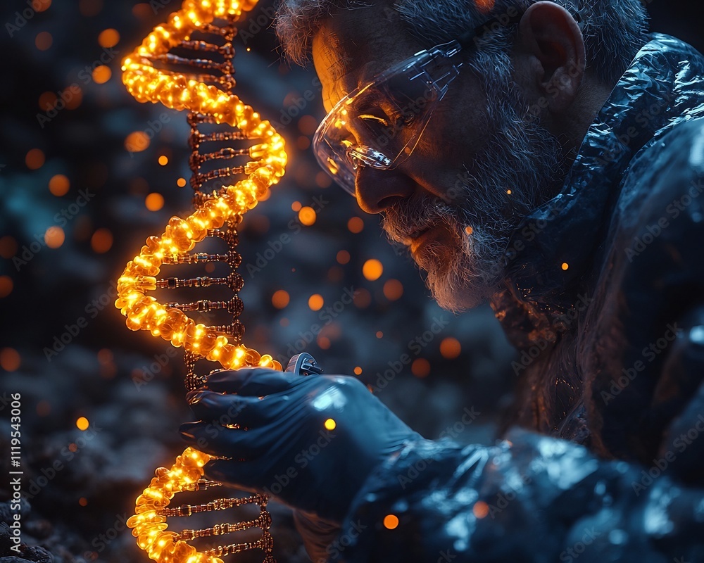 Poster researcher encoding digital data into glowing dna strands futuristic data preservation concept