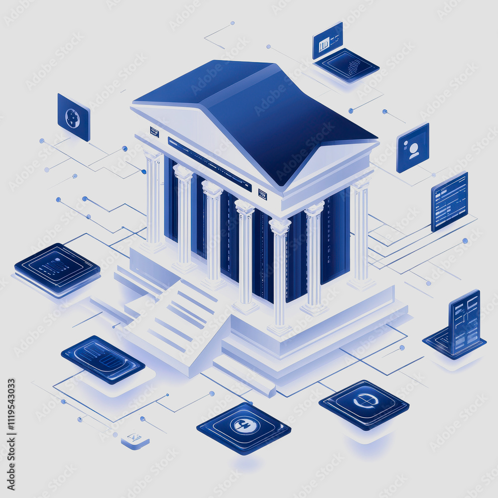 Aufkleber digital banking concept with neoclassical architecture and communication icons representing modern f