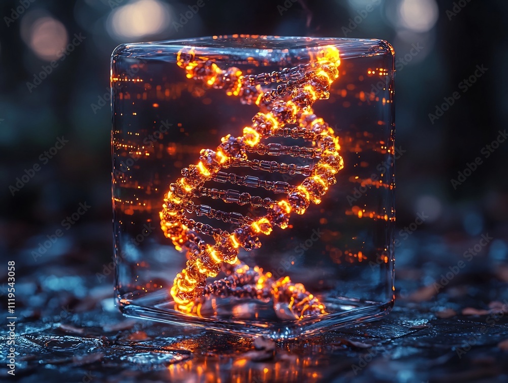 Poster futuristic dna data storage device with glowing genetic sequences in a clear cube