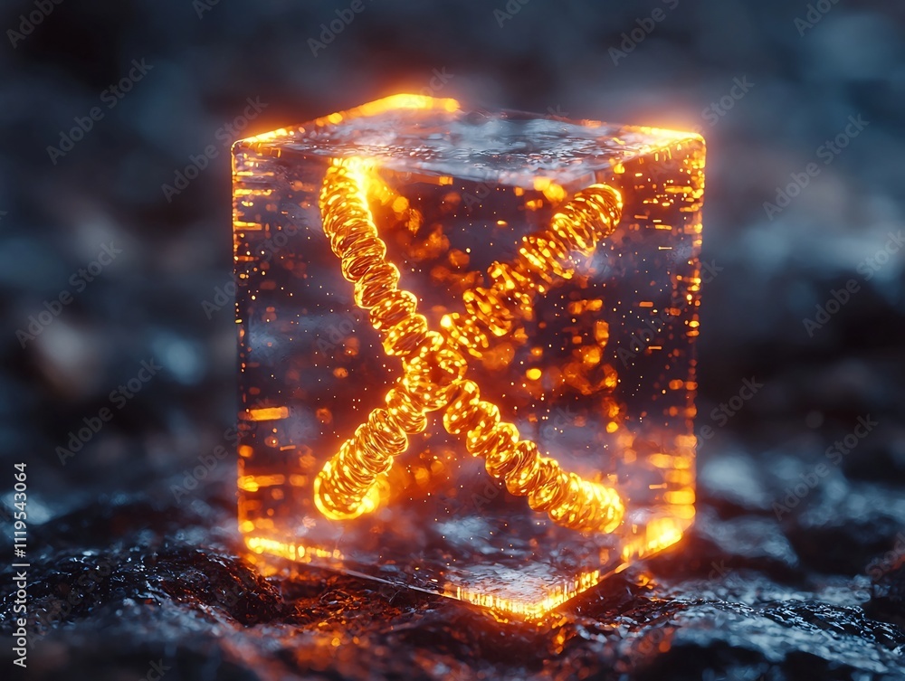Poster futuristic dna data storage device with glowing genetic sequences floating in clear cube symbolizing