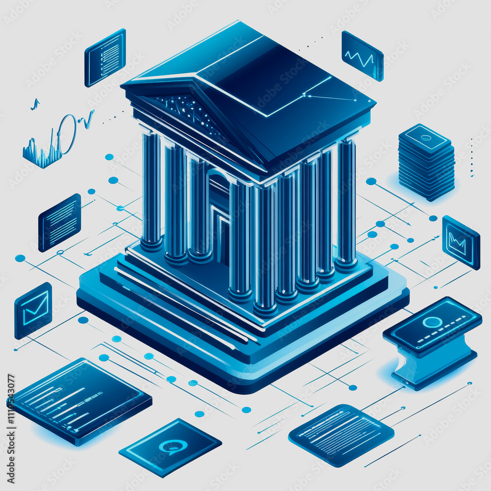 Poster digital financial institution concept with classical architecture, data visualization elements, and 