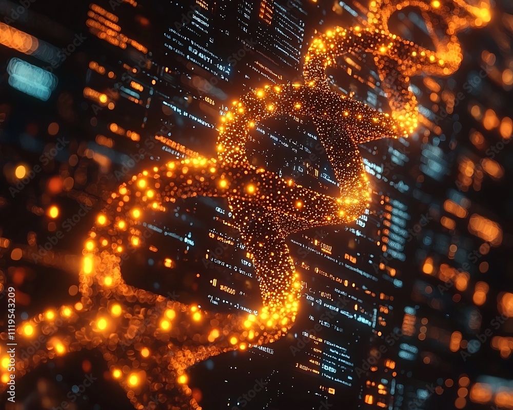 Poster glowing dna helix on digital screen representing dna based data storage