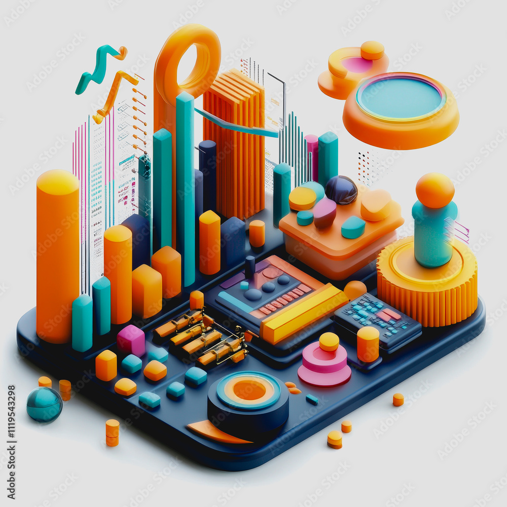 Poster colorful geometric data visualization with 3d shapes, abstract charts, and modern design elements in