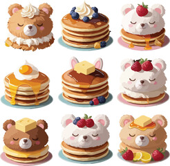 Set of Cute Animal-Inspired Pancake Desserts with Berries, Syrup, and Whipped Cream
