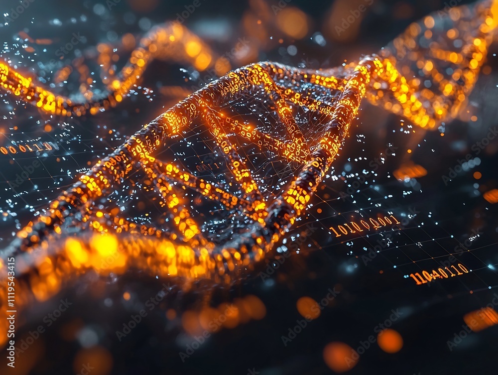 Poster futuristic holographic display of dna strand with floating binary code showcases bio inspired data s